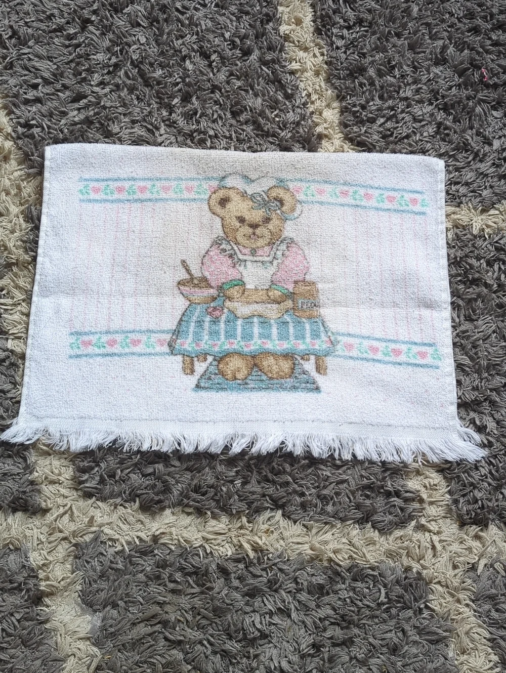 Cute Vintage Grannycore Teddy Bear Kitchen Towel Pink and Teal With Hearts
